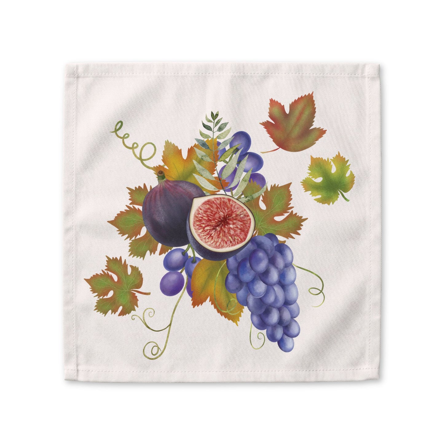 Fig & Grape fall cloth napkin, watercolour figs and grapes on cream, folded on a plate
