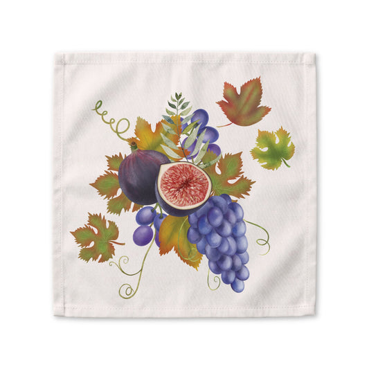 Fig & Grape fall cloth napkin, watercolour figs and grapes on cream, folded on a plate