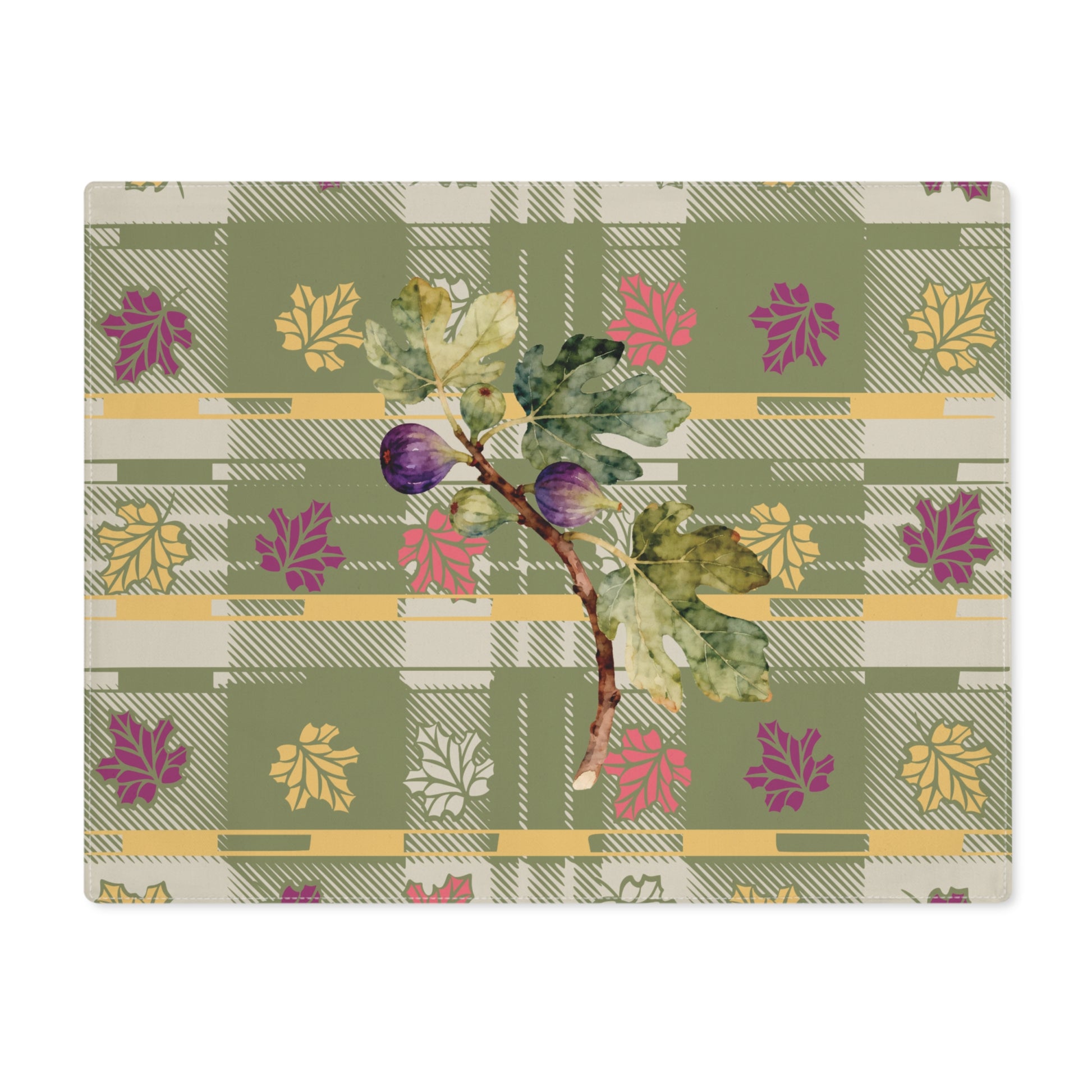 Fig & Maple fall placemat, figs and maple leaves on sage green tartan, on a wooden table