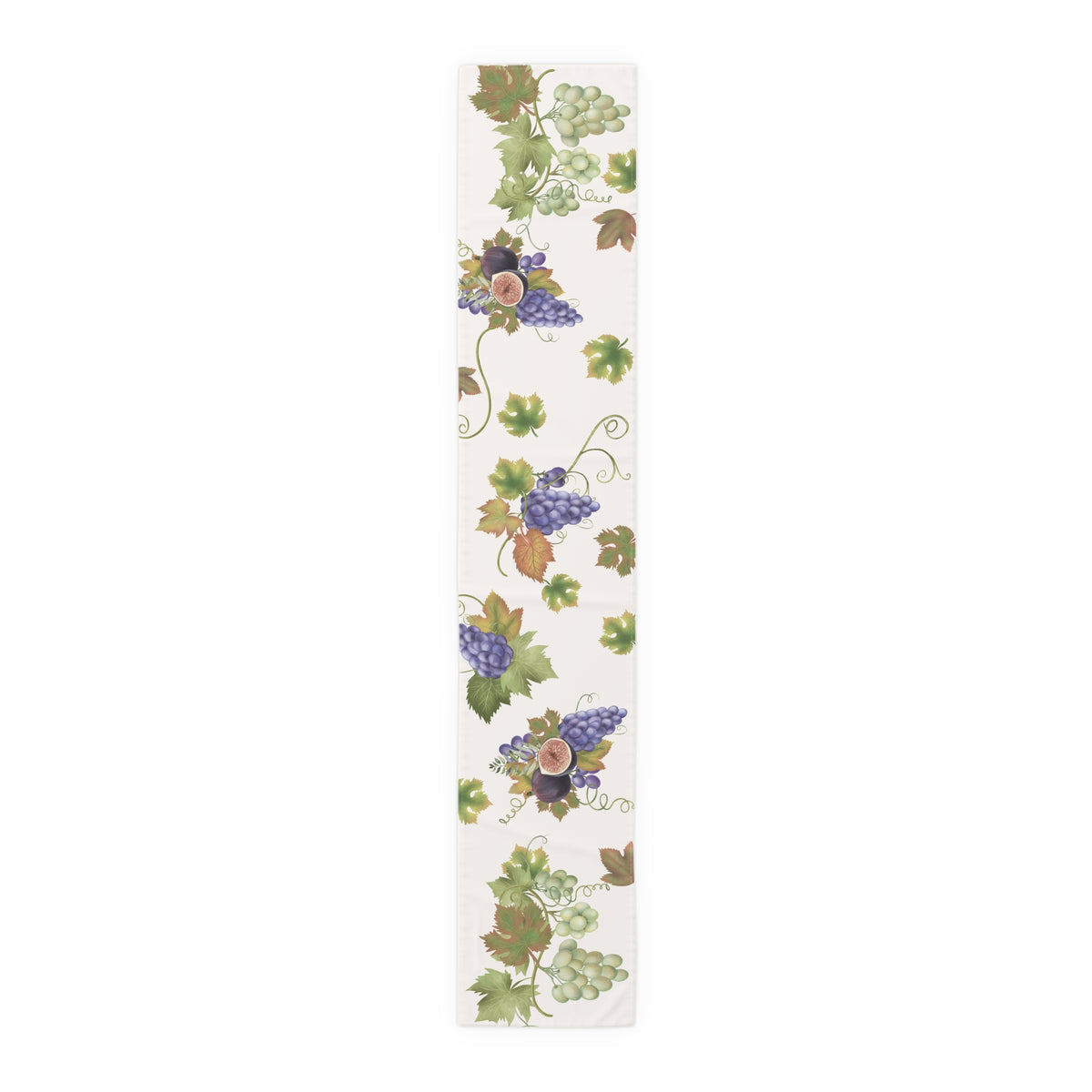 Fig & Grape fall table runner, halved fig and vine leaves on a cream ground, set for autumn