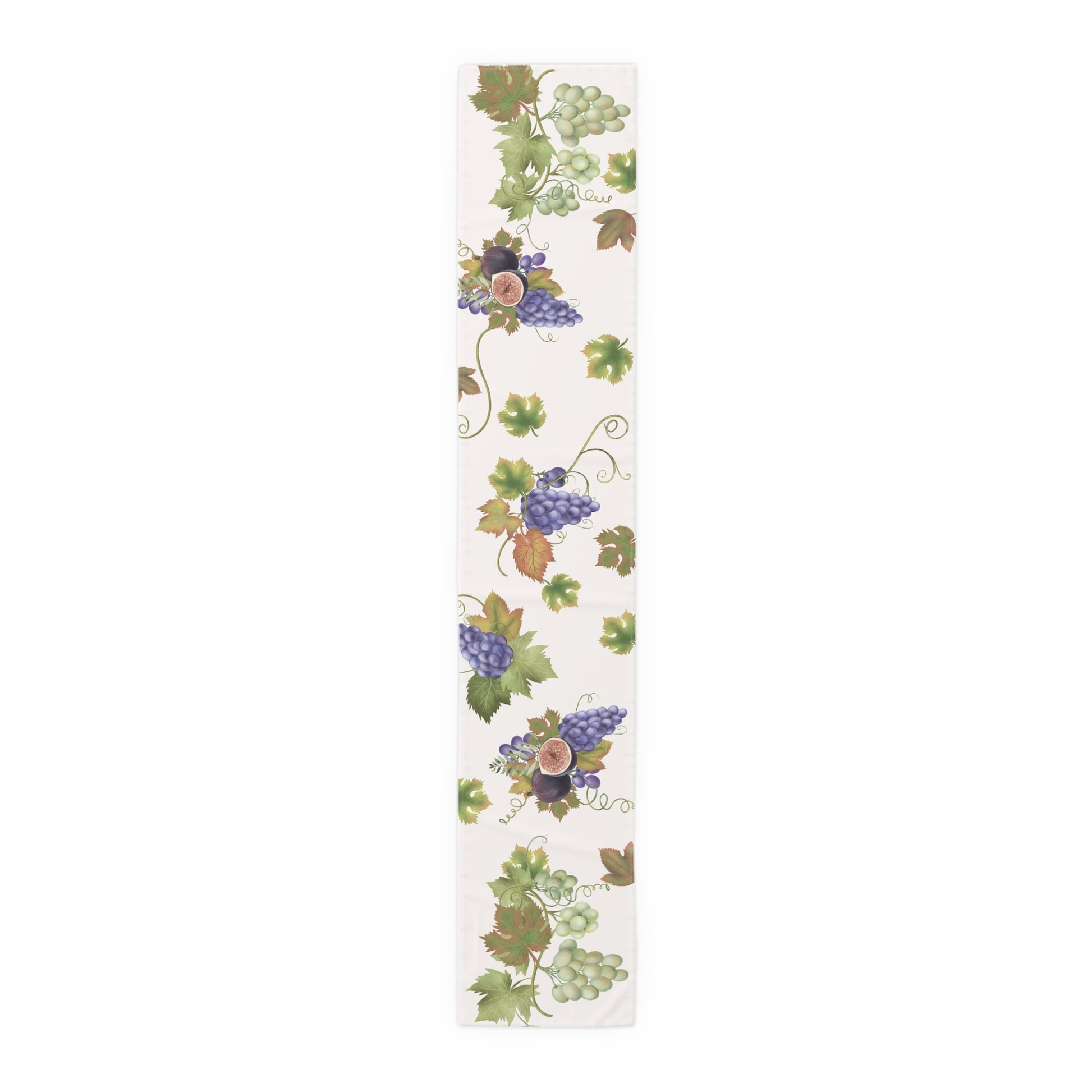 Fig & Grape fall table runner, halved fig and vine leaves on a cream ground, set for autumn