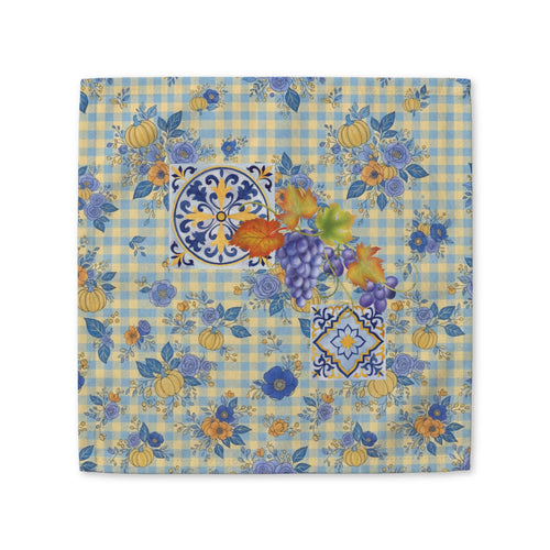 Grape & Pumpkin fall cloth napkin, grapes and pumpkins on blue and yellow gingham, folded on a plate