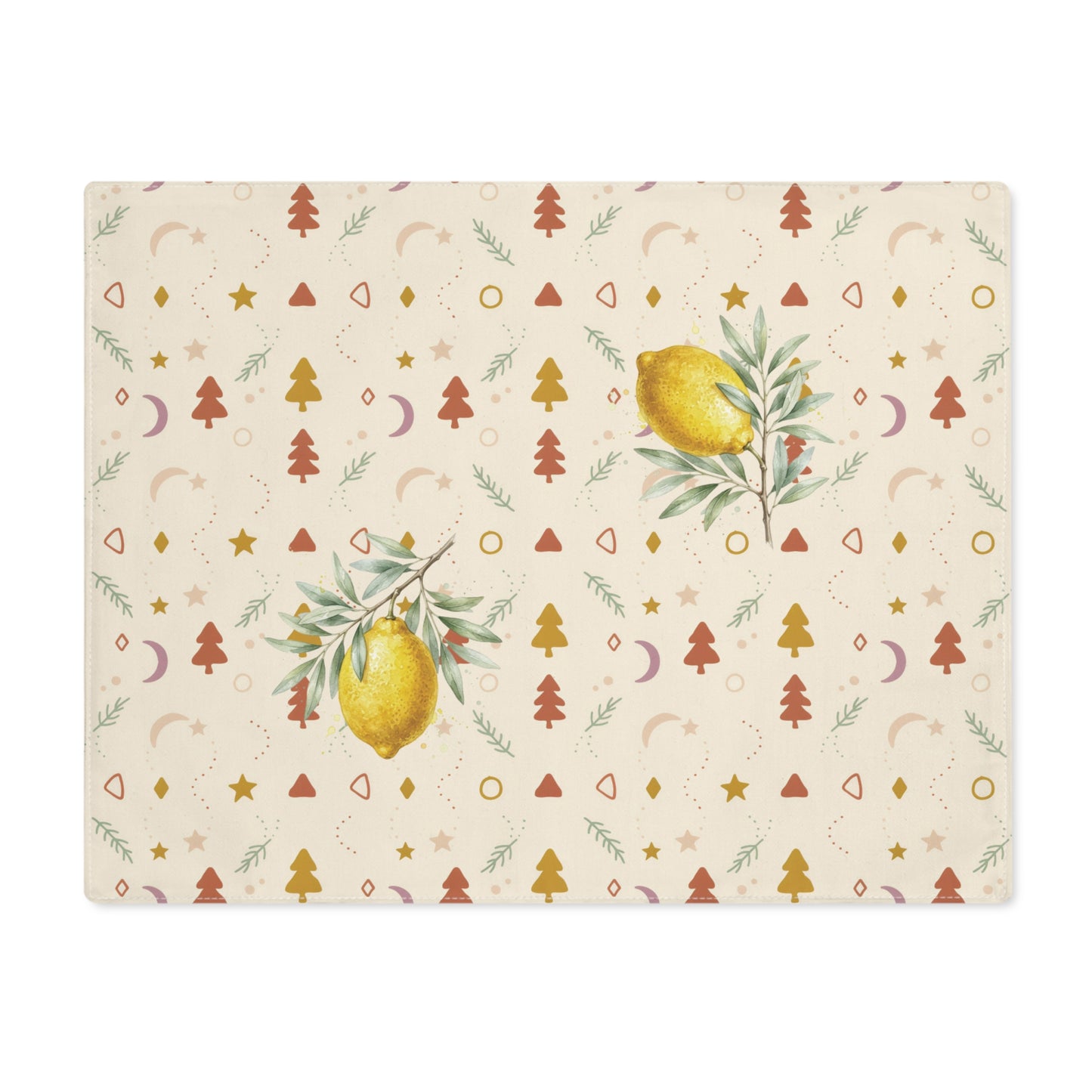 Lemon and pine Christmas placemat laid flat, with watercolour lemons among small rust and gold Christmas trees, stars and crescent moons on cream