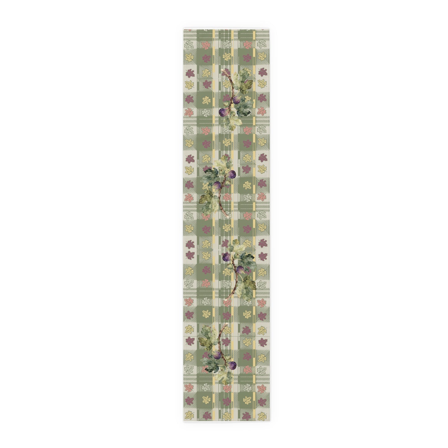 Fig & Maple fall table runner, purple figs and maple leaves on sage green tartan, on a wooden dining table