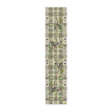 Fig & Maple fall table runner, purple figs and maple leaves on sage green tartan, on a wooden dining table