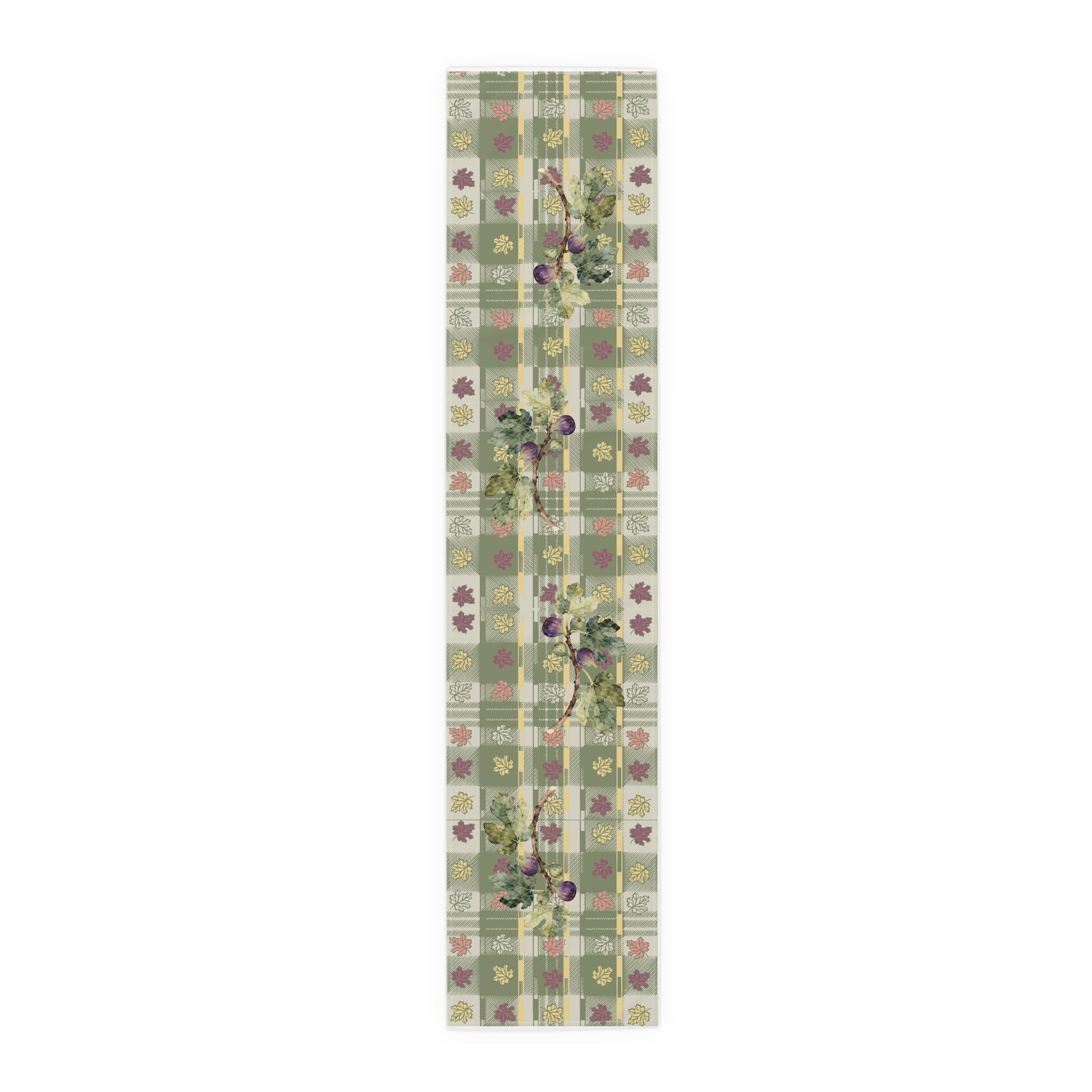 Fig & Maple fall table runner, purple figs and maple leaves on sage green tartan, on a wooden dining table