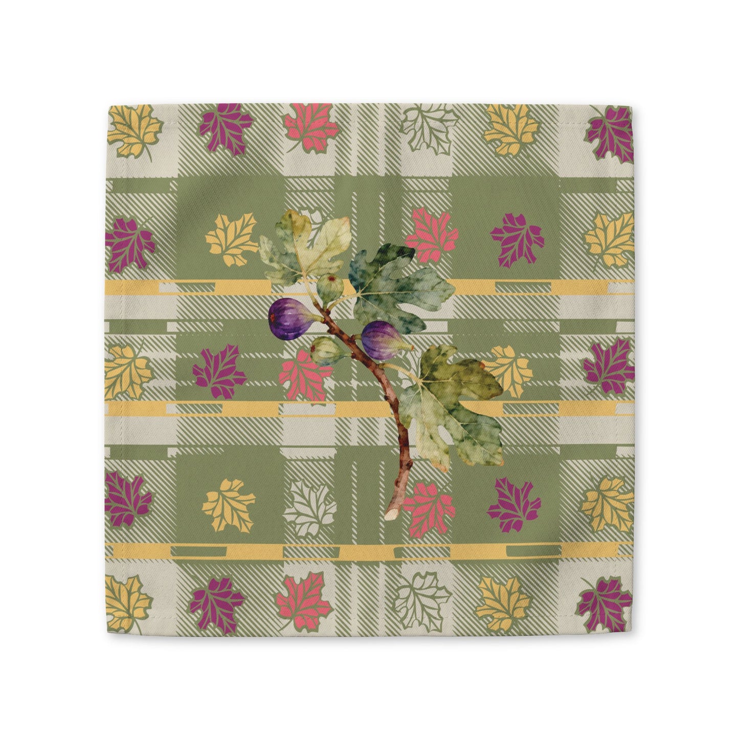 Fig & Maple fall cloth napkin, figs and maple leaves on sage green tartan, folded on a plate