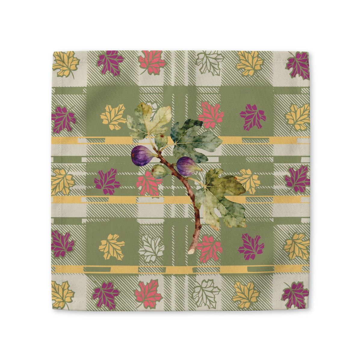 Fig & Maple fall cloth napkin, figs and maple leaves on sage green tartan, folded on a plate