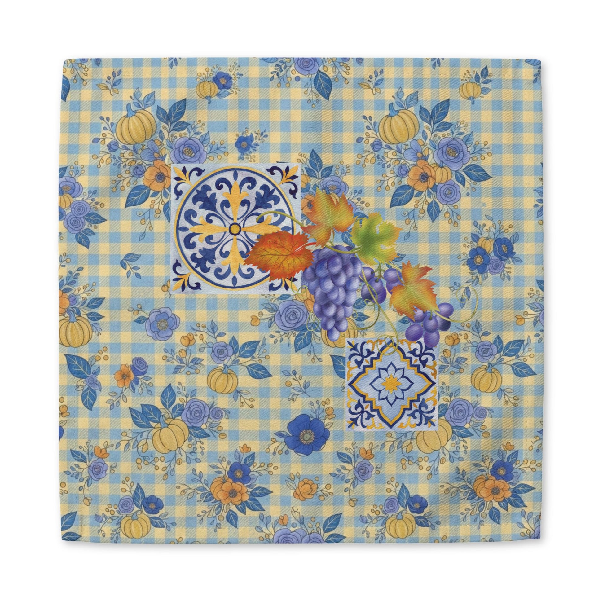 Grape & Pumpkin fall cloth napkin, cocktail and dinner sizes on a laid autumn table
