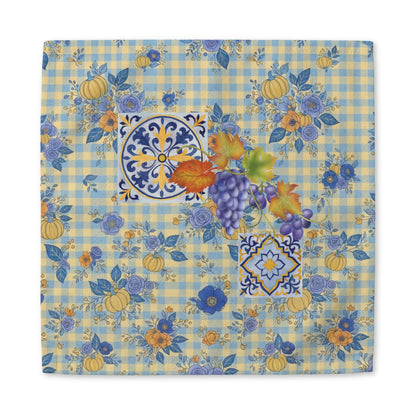 Grape & Pumpkin fall cloth napkin, cocktail and dinner sizes on a laid autumn table