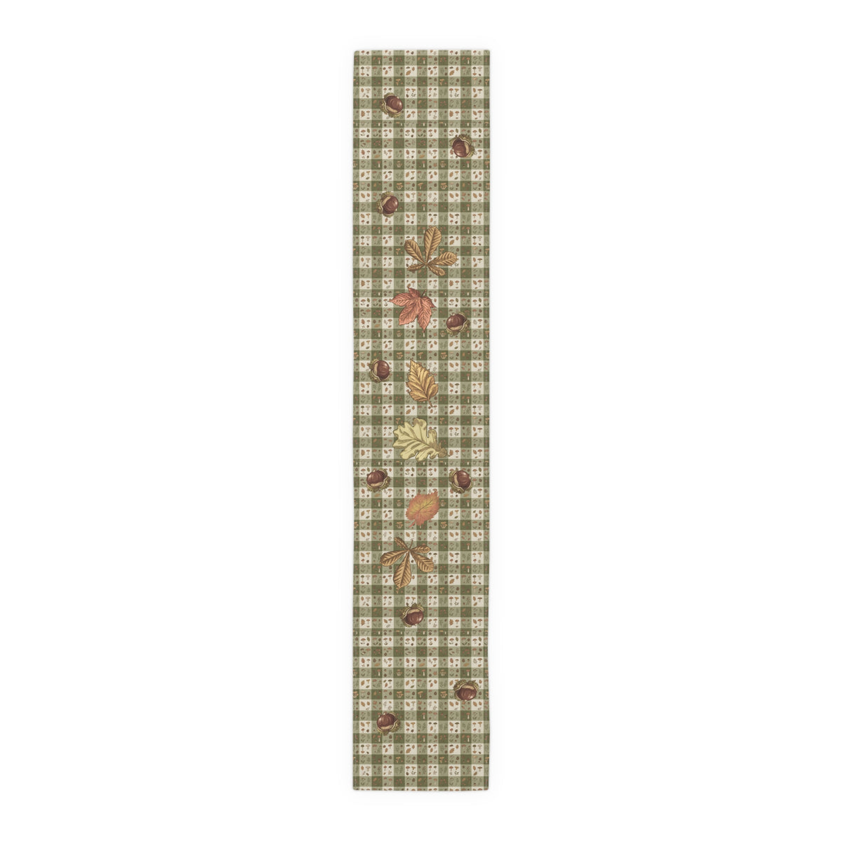 Chestnut & Mushroom fall table runner, chestnuts and maple leaves on olive gingham, set for Thanksgiving