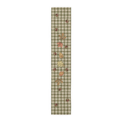 Chestnut & Mushroom fall table runner, chestnuts and maple leaves on olive gingham, set for Thanksgiving