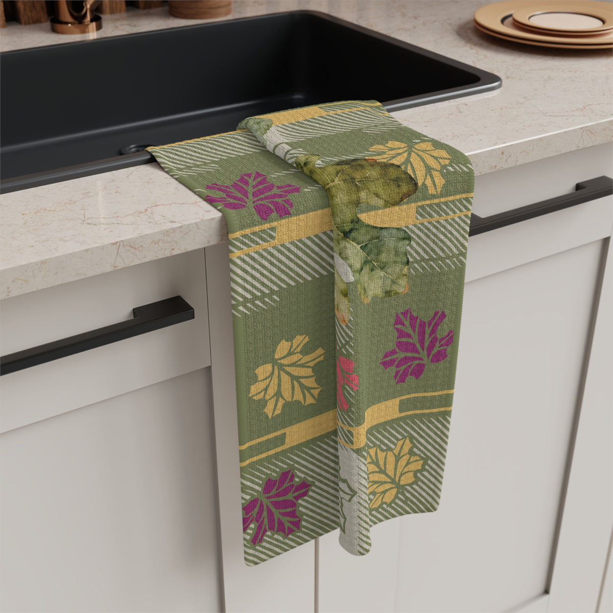 Fig & Maple fall tea towel, shown flat at 16 by 25 inches