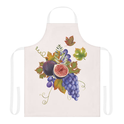 Fig & Grape fall apron, watercolour figs and grapes on cream, worn in a kitchen