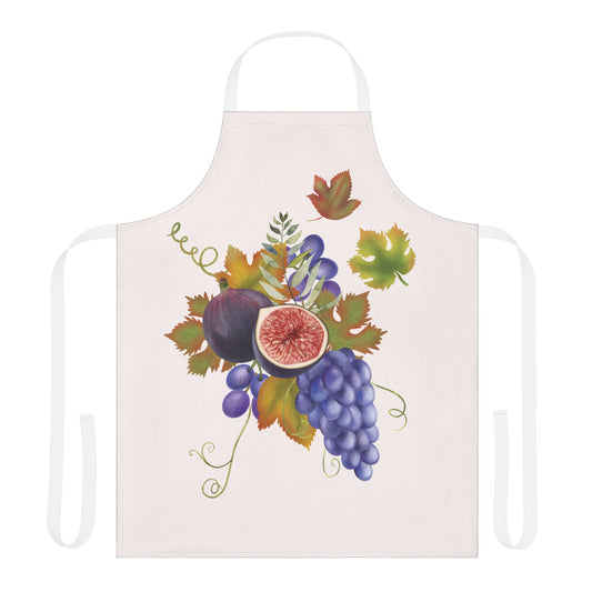 Fig & Grape fall apron, watercolour figs and grapes on cream, worn in a kitchen