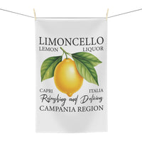 Limoncello tea towel hanging, showing the lemon label print with Limoncello lettering