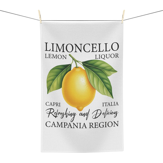 Limoncello tea towel hanging, showing the lemon label print with Limoncello lettering