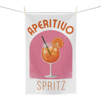 Aperitivo Spritz tea towel hanging, showing the pink panel with a spritz glass and Aperitivo Spritz lettering