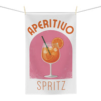 Aperitivo Spritz tea towel hanging, showing the pink panel with a spritz glass and Aperitivo Spritz lettering