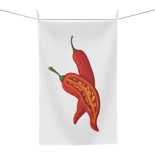 Chili Pepper tea towel hanging, showing the red chili pepper print