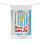 Limoncello Amore Mio tea towel hanging, showing the striped panel with the retro Limoncello label