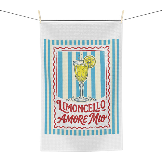 Limoncello Amore Mio tea towel hanging, showing the striped panel with the retro Limoncello label