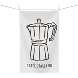 Caffè Italiano tea towel hanging, showing the line-drawn moka pot with Caffè Italiano lettering