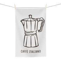 Caffè Italiano tea towel hanging, showing the line-drawn moka pot with Caffè Italiano lettering