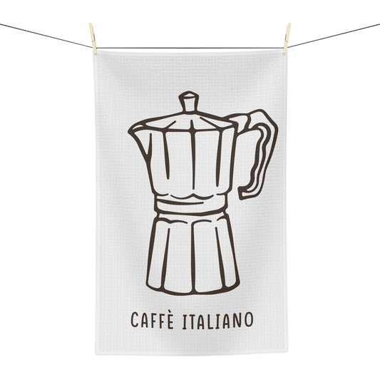 Caffè Italiano tea towel hanging, showing the line-drawn moka pot with Caffè Italiano lettering