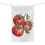Tomato tea towel hanging, showing the vine tomato print