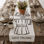 Caffè Italiano table runner on a rustic table, the Caffè Italiano lettering facing the near edge