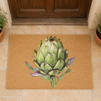 Artichoke doormat on a stone threshold in front of a weathered wooden door, with terracotta pots on either side