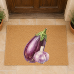 Eggplant and Garlic doormat on a stone threshold in front of a weathered wooden door, with terracotta pots on either side