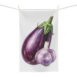 Eggplant and Garlic tea towel hanging, showing the eggplant and garlic bulb print