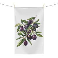Olive Branch tea towel hanging, showing the olive branch with dark olives