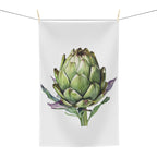 Artichoke tea towel hanging, showing the watercolor artichoke print