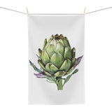 Artichoke tea towel hanging, showing the watercolor artichoke print