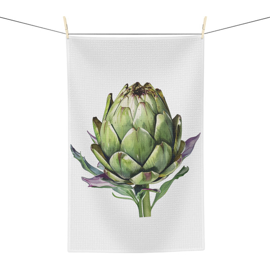 Artichoke tea towel hanging, showing the watercolor artichoke print