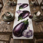 Eggplant and Garlic table runner on a dark weathered table with plates and glasses