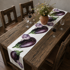 Eggplant and Garlic table runner on a wooden table with chairs and a vase of flowers