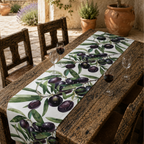 Olive Branch table runner on a rustic wooden bench table outdoors