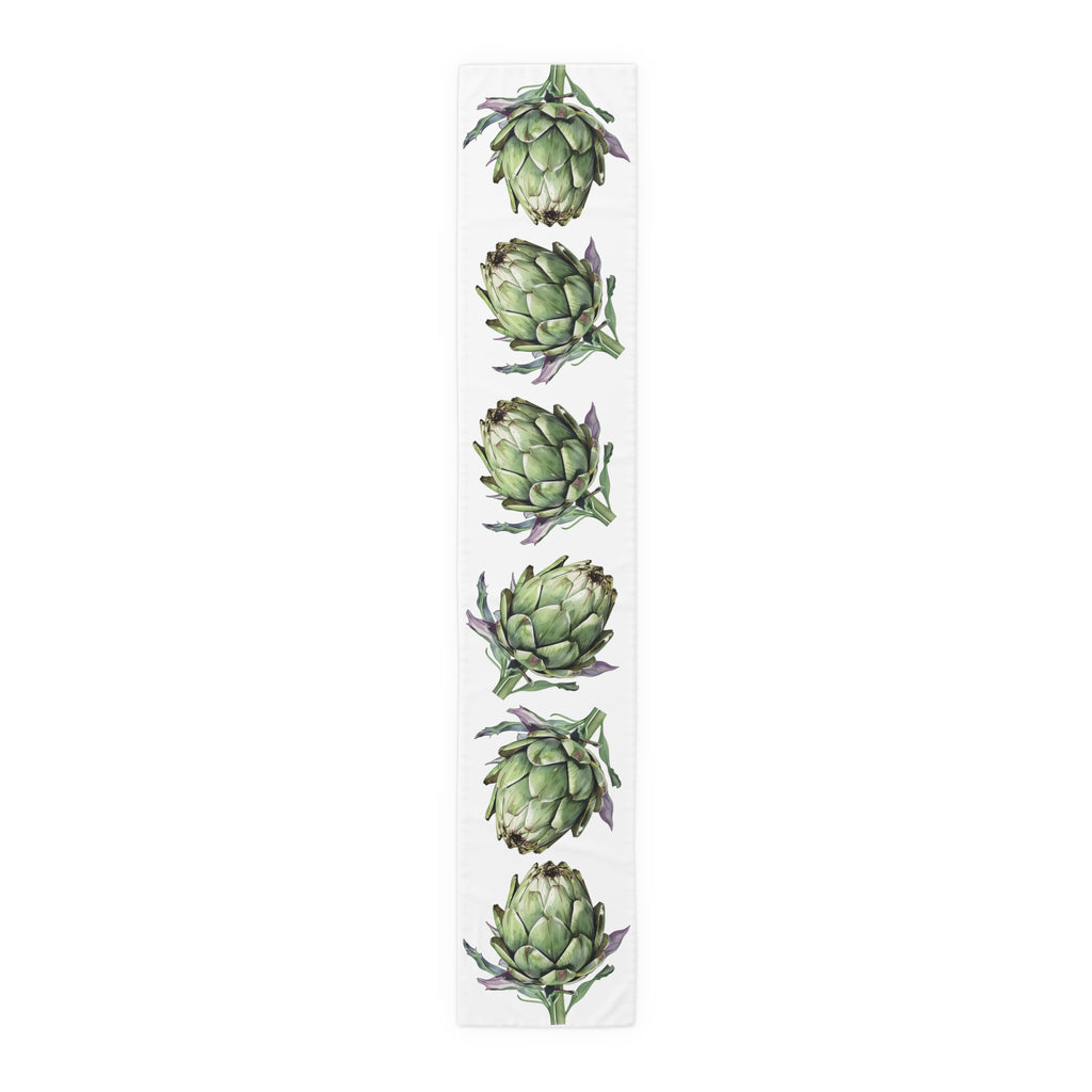 Artichoke table runner in polyester, 16 by 90 inches, the longer size laid flat with the same repeating print