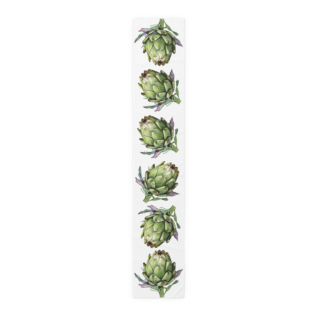Artichoke table runner in cotton twill, 16 by 90 inches, the longer size laid flat with the same repeating print