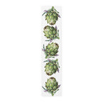 Artichoke table runner in cotton twill, 16 by 72 inches, laid flat with a repeating watercolor artichoke pattern