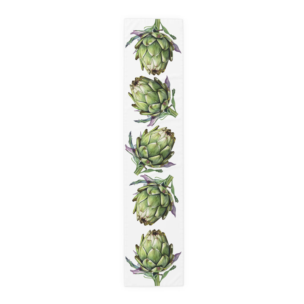 Artichoke table runner in polyester, 16 by 72 inches, laid flat with a repeating watercolor artichoke pattern