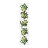 Artichoke table runner in polyester, 16 by 72 inches, laid flat with a repeating watercolor artichoke pattern