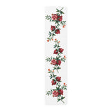 Pomegranate table runner in polyester, 16 by 72 inches, laid flat with repeating pomegranate branches and red blossom