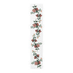 Pomegranate table runner in cotton twill, 16 by 90 inches, the longer size laid flat with the same repeating print
