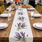 Lavender table runner down a long wooden banquet table set with glasses