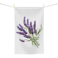 Lavender tea towel hanging, showing the bundle of lavender stems